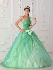 Single Shoulder Apple Green Prom Gown With Hand Made Flowers