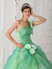 Single Shoulder Apple Green Prom Gown With Hand Made Flowers