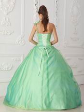 Single Shoulder Apple Green Prom Gown With Hand Made Flowers