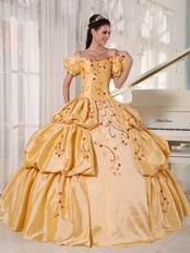 Short Sleeves Golden Quinceanera Dress Off Shoulder Neck