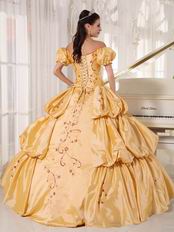 Short Sleeves Golden Quinceanera Dress Off Shoulder Neck