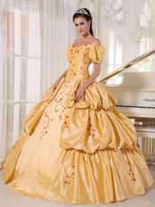 Short Sleeves Golden Quinceanera Dress Off Shoulder Neck