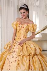 Short Sleeves Golden Quinceanera Dress Off Shoulder Neck