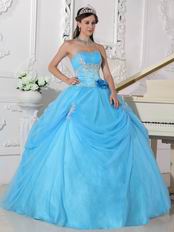 Handmade Flower Emberllish Evening Ball Gown In Auqa