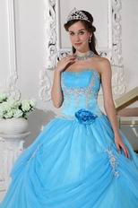 Handmade Flower Emberllish Evening Ball Gown In Auqa