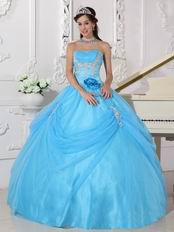 Handmade Flower Emberllish Evening Ball Gown In Auqa