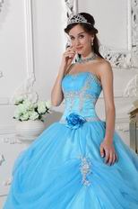 Handmade Flower Emberllish Evening Ball Gown In Auqa