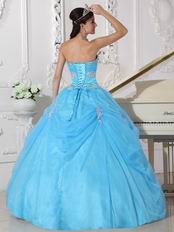 Handmade Flower Emberllish Evening Ball Gown In Auqa