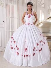 Halter White Quinceanera Dress With Wine Red Embroidery