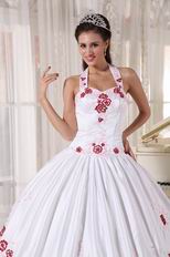 Halter White Quinceanera Dress With Wine Red Embroidery