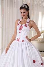 Halter White Quinceanera Dress With Wine Red Embroidery