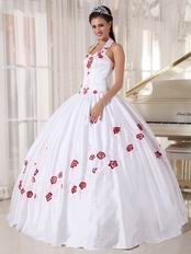 Halter White Quinceanera Dress With Wine Red Embroidery