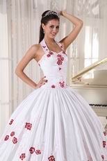 Halter White Quinceanera Dress With Wine Red Embroidery