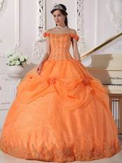 Off Shoulder Neckline Orange Organza Quinceanera Dress Cheap