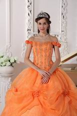 Off Shoulder Neckline Orange Organza Quinceanera Dress Cheap