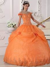 Off Shoulder Neckline Orange Organza Quinceanera Dress Cheap