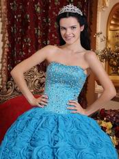 Fabric With Rolled Flowers Quinceanera Dress In Dodger Blue