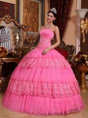 Hot Pink Sleeveless Layers Lace Skirt Quinceanera Dress