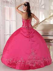 Deep Rose Pink Embroidery Halter Puffy Skirt Ball Dress