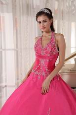 Deep Rose Pink Embroidery Halter Puffy Skirt Ball Dress