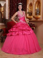 Applique Halter Floor-length Deep Pink La Quinceanera Dresses