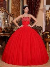 Sleeveless Beaded Scarlet Red Tulle Quinceanera Dress