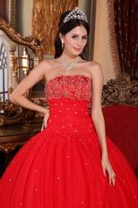 Sleeveless Beaded Scarlet Red Tulle Quinceanera Dress