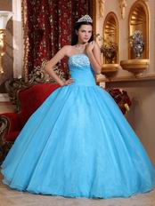 Strapless Aqua Blue Organza Skirt Quinceanera Dress Cheap