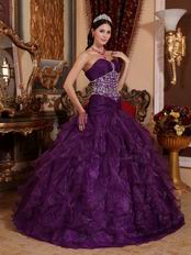 Purple Ruffled Skirt Floor Length Ball Gown With Beading