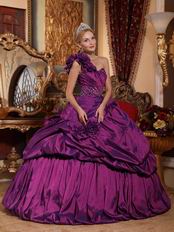 Handmade Flowers Purple One Shoulder Quinceanera Dress