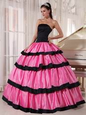 Rose Pink Layers Skirt With Black Bordure Quinceanera Dresses Gowns