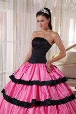 Rose Pink Layers Skirt With Black Bordure Quinceanera Dresses Gowns