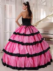 Rose Pink Layers Skirt With Black Bordure Quinceanera Dresses Gowns