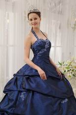 Navy Blue Halter Floor Length Designer Quinceanera Dress