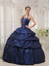 Navy Blue Halter Floor Length Designer Quinceanera Dress