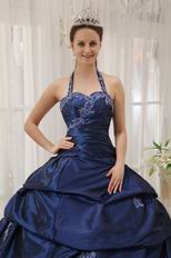 Navy Blue Halter Floor Length Designer Quinceanera Dress