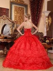 Strapless Scarlet Organza Layers Puffy Skirt Quinceanera Dress