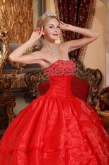 Strapless Scarlet Organza Layers Puffy Skirt Quinceanera Dress