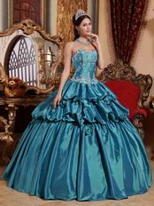 Teal Princess Ball Gown Prom Dress With Applique