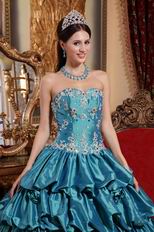 Teal Princess Ball Gown Prom Dress With Applique