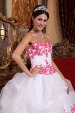 Pretty White Organza Quinceanera Gown With Pink Applique