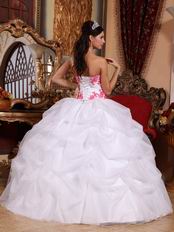 Pretty White Organza Quinceanera Gown With Pink Applique