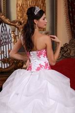 Pretty White Organza Quinceanera Gown With Pink Applique