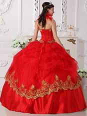 Halter Scarlet Red Quinceanera Dress With Golden Applique