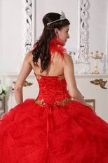 Halter Scarlet Red Quinceanera Dress With Golden Applique