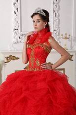 Halter Scarlet Red Quinceanera Dress With Golden Applique