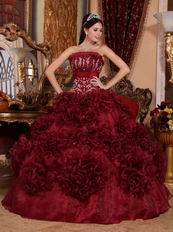 Basque Burgundy Quinceanera Dresses With Ruffled Flowers