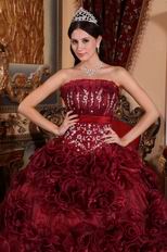 Basque Burgundy Quinceanera Dresses With Ruffled Flowers