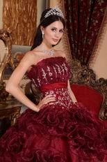 Basque Burgundy Quinceanera Dresses With Ruffled Flowers