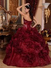 Basque Burgundy Quinceanera Dresses With Ruffled Flowers